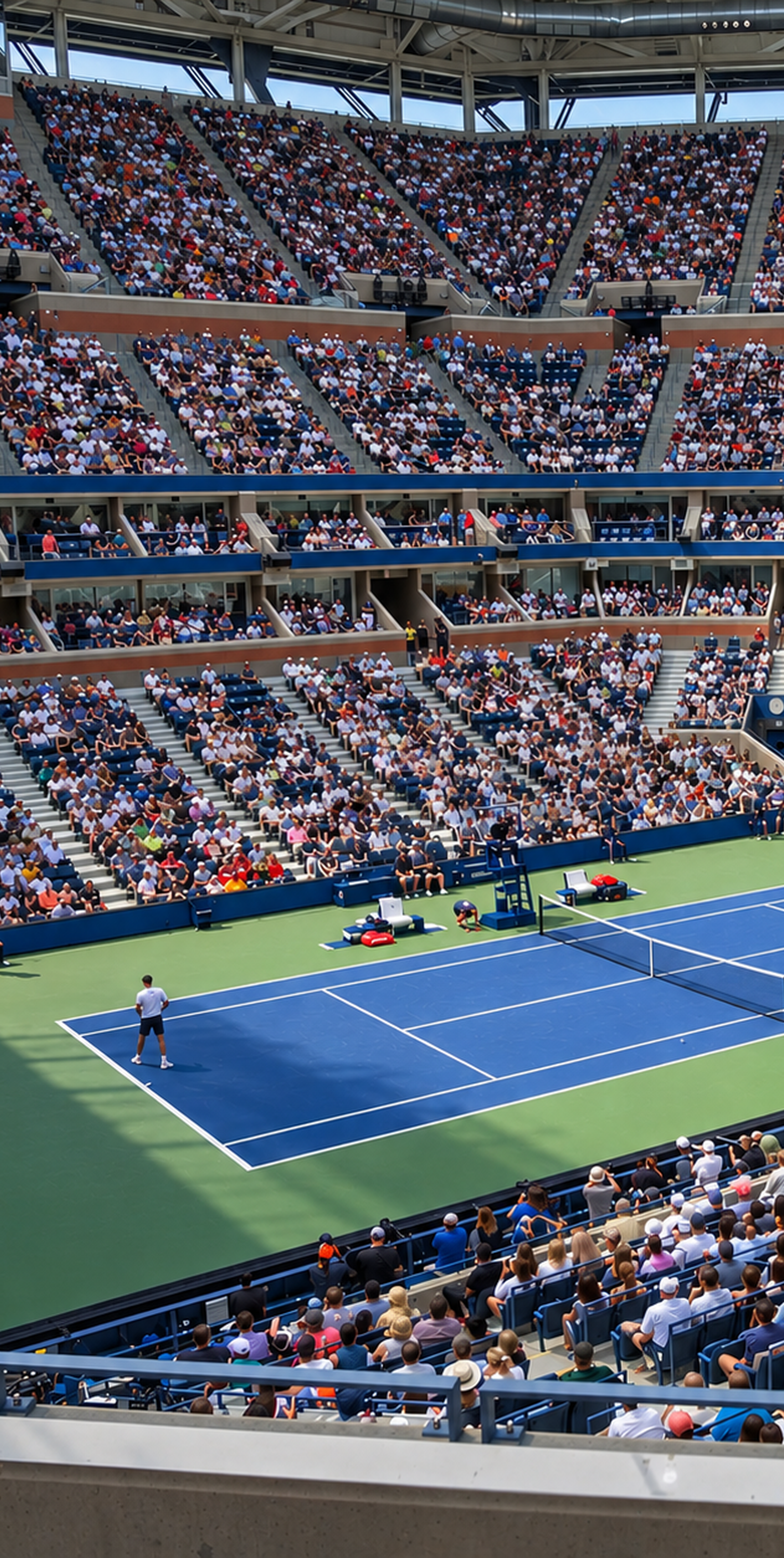 An image of large crowds watching a tennis match at Arthur Ashe Stadium during the US Open in New York.